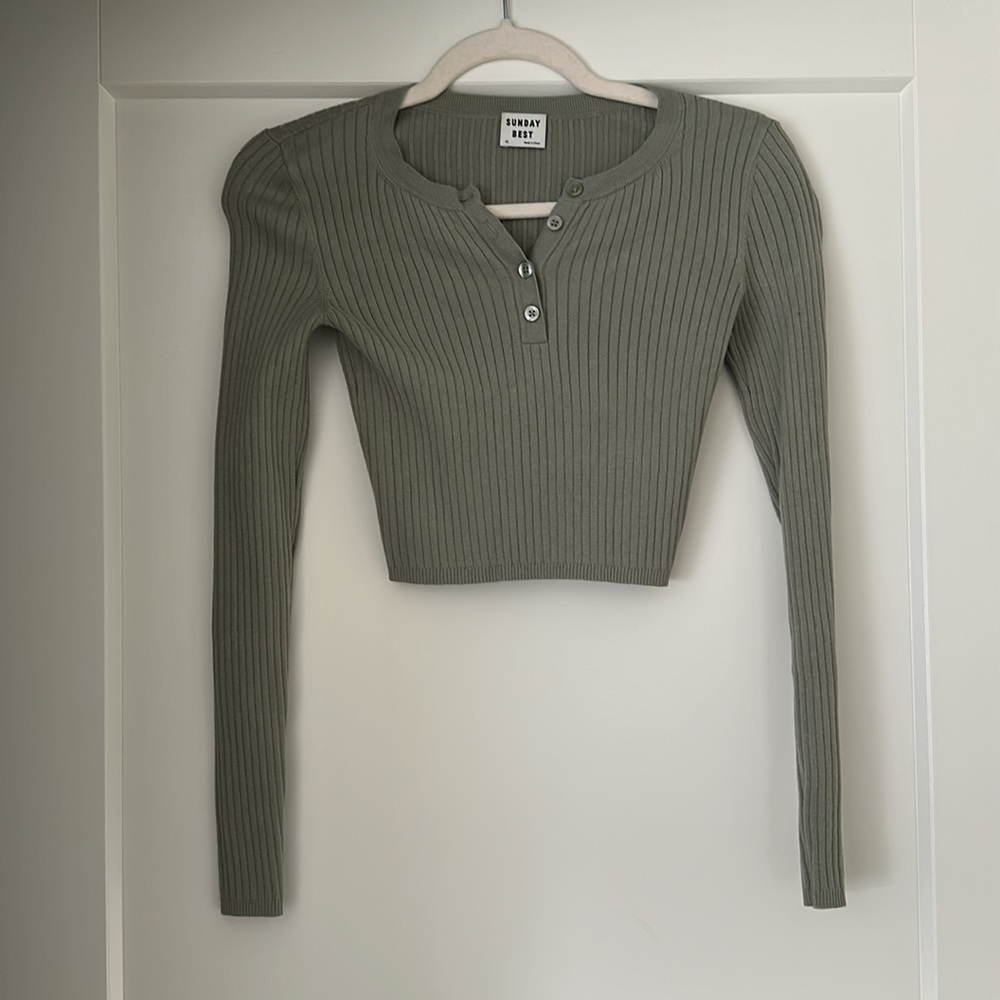 Aritzia Sunday Best Sage Green Button Up Cropped Ribbed Long Sleeve
